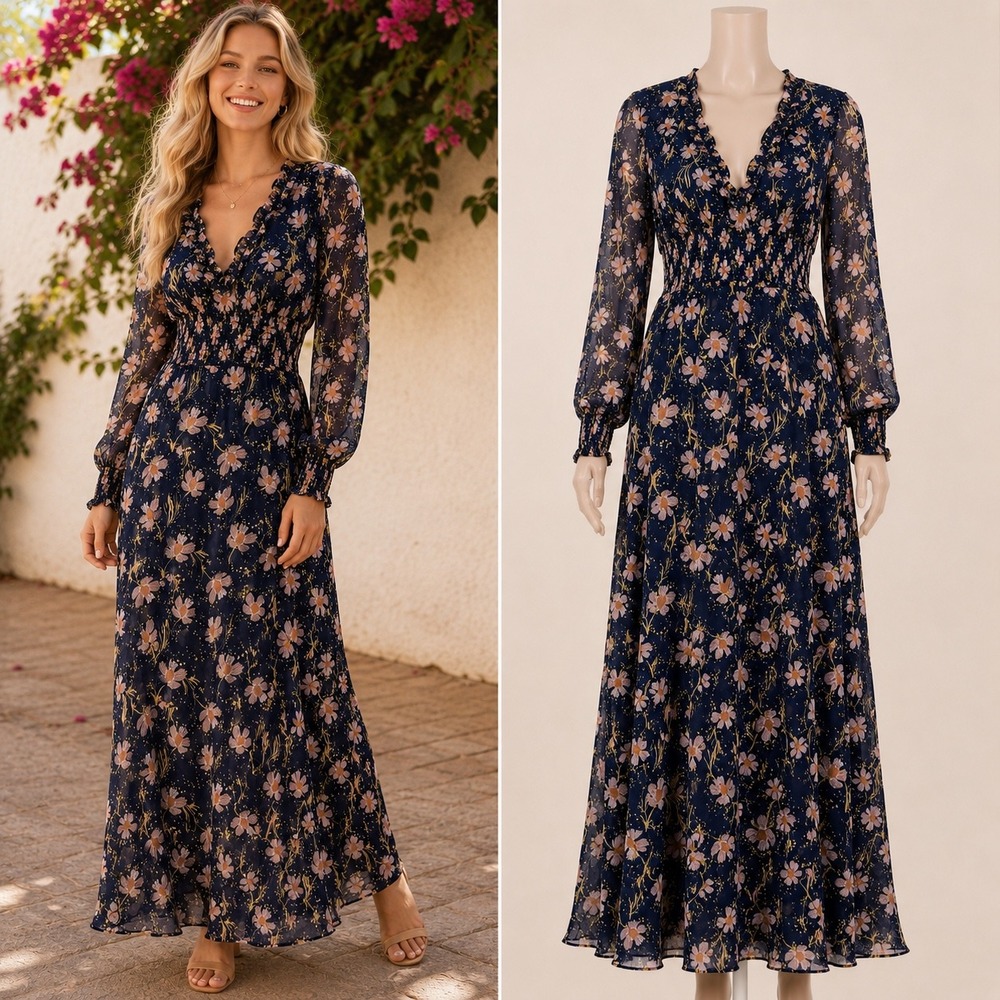 Intermix Floral Maxi Dress 00 Navy Blue Silk Blend Smocked Waist V-Neck Ruffle
